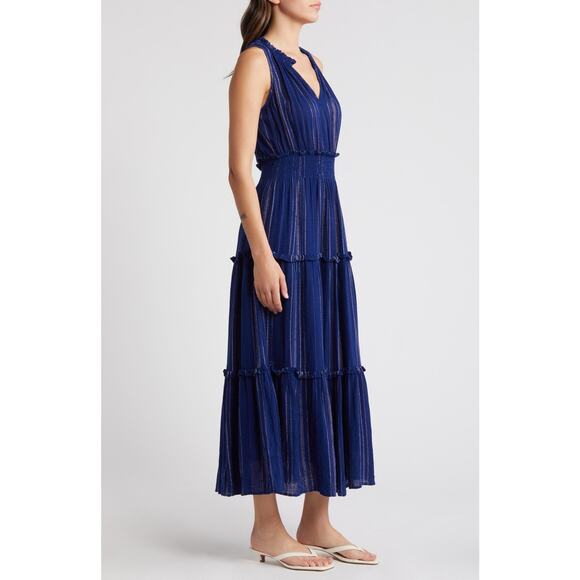 Rails Loulou Blue Noja Stripe Sleeveless Linen Blend Tiered Maxi Dress Sz Medium - Picture 3 of 12